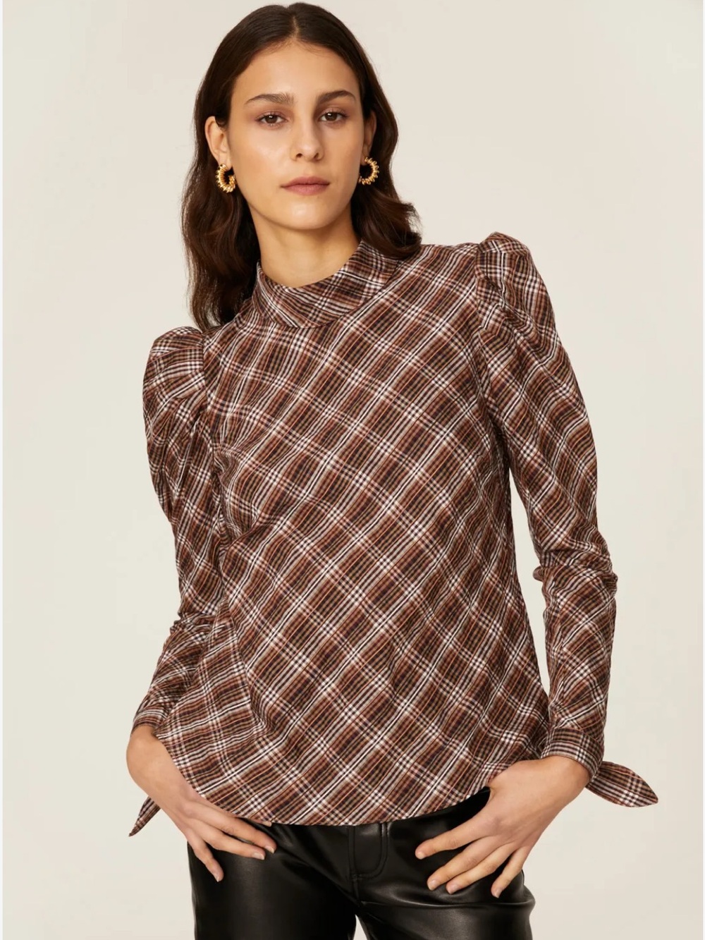 Veronica Beard Isabel Plaid Puff Shoulder Back Button Top Size 8